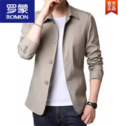 罗蒙（ROMON）春秋季男士商务休闲夹克中青年纯色翻领薄款韩版修身风.衣外套 浅灰色1048 M 建议98-110斤