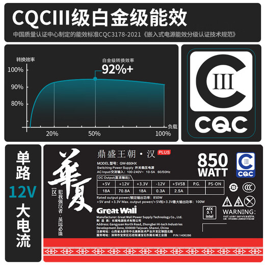Great Wall rated 850W Huaxia Han White full module power supply (CQC platinum level energy efficiency 92%+/ATX3.1 standard/native PCIe5.1/support 5080)