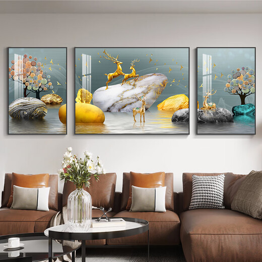 丞仔石来运转客厅装饰画沙发背景墙山水风景挂画现代轻奢大气三联壁画 JD13568 左右35*50中间70*50 晶瓷铝合金黑框