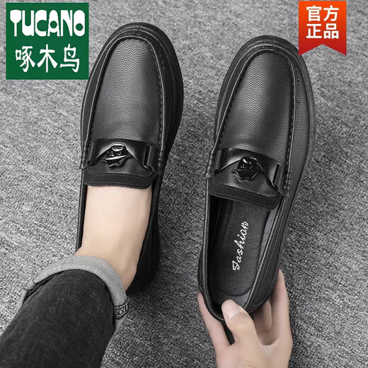 Offizielle Woodpecker offizielle vierjährige neue schwarze Lederschuhe für lässige Faulpersonen für Männer, die weiche alleinige trendige und vielseitige britische Bohnen M9901 Black plus Fleece Flaggschiff 39 pedal