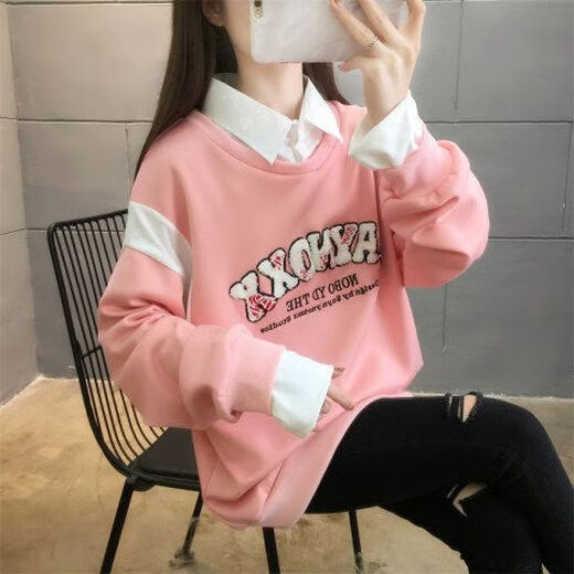 泰载潮流卫衣女小个子女生学加绒秋冬宽松众外套保暖百搭假两件套上 6169#白色【加绒加厚】 M码【建议80-100斤】