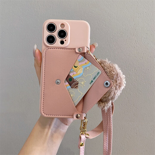 适用苹果16promax手机壳iPhone15pro液态硅胶斜挎可背16带挂绳女防摔手机保护壳套 粉色雪梨公仔零钱包+手绳+皮纹斜跨 iPhone 16