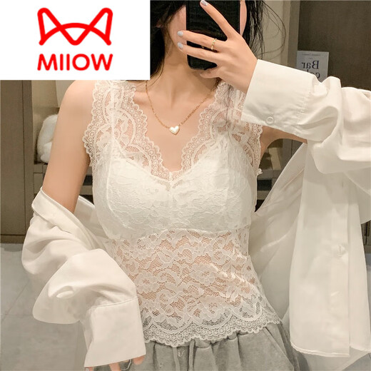 猫人（MiiOW）品牌 性感蕾丝美背背心女春季2025新款内搭打底吊带修身无袖短款 白色 均码
