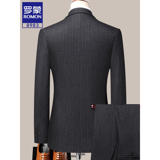 ROMON Striped Suit Men's Suit Formal Professional Wedding Groom's Dress Slim Business Casual Groomsmen's Suit Men's Dark Blue 8985 Suit Top + Pants 175/L Recommended 116-130 Jin Jin equals 0.5 kg