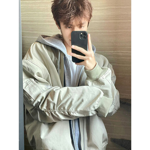 Qumile American high street vibe pilot coach jacket men's autumn and winter loose workwear shoulder pads baseball uniform jacket gray 2XL recommended 140-160Jin Jin equals 0.5 kg