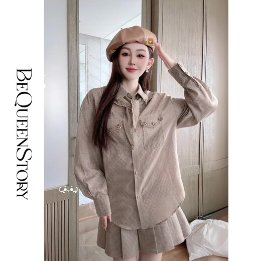 BEQUEENSTORY Miao College Sheep wool blended retro plaid college style shirt & A-line pleated skirt Milky brown (shirt) S 80-100Jin Jin equals 0.5 kg