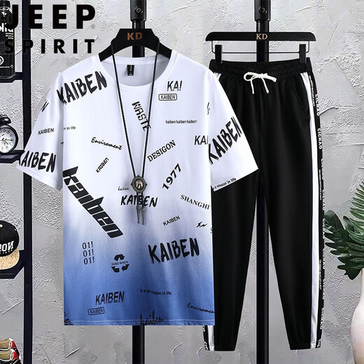 JEEP SPIRIT Summer Teen Short Sleeve T-shirt Men 2025 New Style Boys Fashion Handsome High School Junior High School Student Sports Set 683 Black (Single Short Sleeve) 2XL