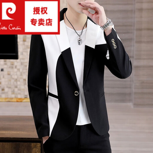 Pierre Cardin (pierre cardin) black and white color matching suit for men, spring and autumn trendy Korean version with personalized design, handsome and slim fit small suit jacket summer long-sleeved white 2XL 180 suitable for 135-145Jin Jin equals 0.5 kg