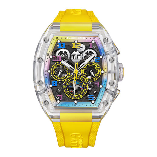 
BONEST GATTI German men's hollow fully automatic mechanical watch crystal shell luminous watch Valentine's Day birthday gift for boyfriend BG9920-A3 transparent shell yellow face yellow tape