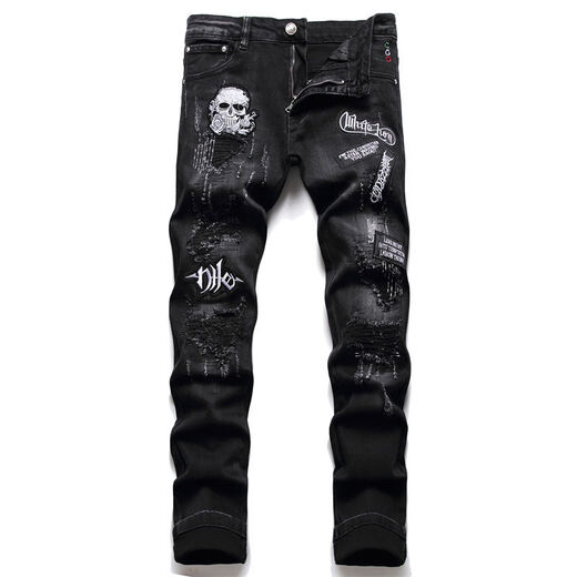 Fei Shimi New Style High Street Herren Ripped Jeans bestickt S Tight Mid-Tendy Herren trendy lässige schwarze Hosen Schwarz 3523 29