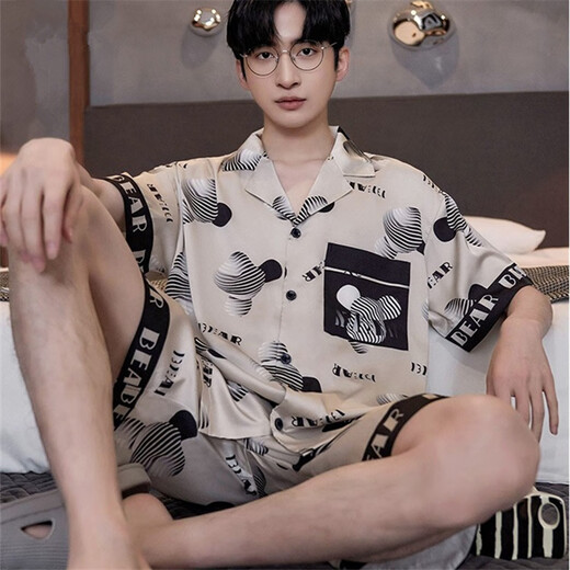 Yu Zhaolin Bingsi Pyjamas für Männer in Sommerdünnen Shorts Shorts Home Clothes für Teenager und Jungen im Sommer großer Größe 25 neuer Stil NSYMK-683-Black- und Weißbärenkopf [Kurzärärmel-Shorts] XL Männer [Empfohlen 130-150jin [Jin gleich 0,5 kg]]