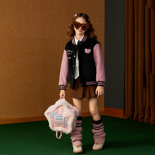 ASK JUNIOR offline same style children's jacket girls autumn and winter warm embroidered baseball uniform color block jacket jacket 150
