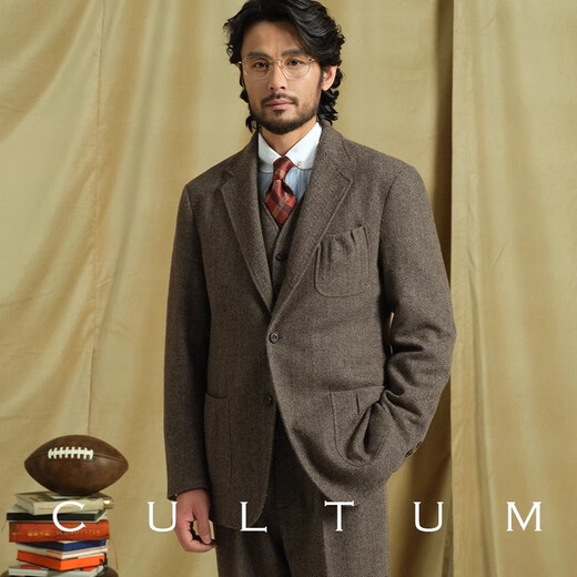 CULTUM wool tweed herringbone autumn and winter thickened wool suit suit men's casual retro suit jacket gray herringbone three-piece set S (52)