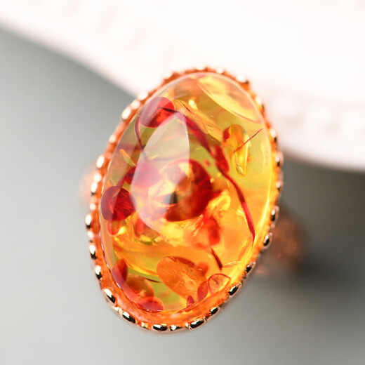 Chengyuanxiang CREORISETIN natural flower amber ring, raw stone, beeswax amber two-color ring, sterling silver inlay, live female best friend's birth year gift, flower amber ring
