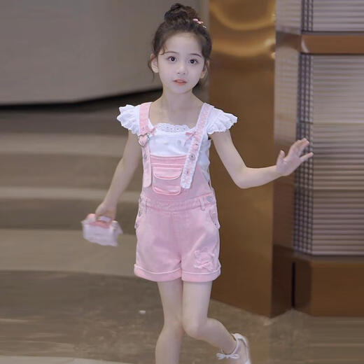 甜承智女童夏装套装2024新款儿童体恤牛仔背带裤夏季休闲洋气小女孩衣服 两件套背带裤+吊带 140 cm