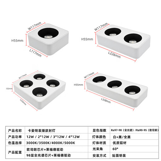 Renjuyi custom built-in ultra-thin gem lamp home living room four-head spotlight anti-glare main lamp square double-head bean gland lamp single-head white and black 12W9898 low 3000K warm light Laifude power supply