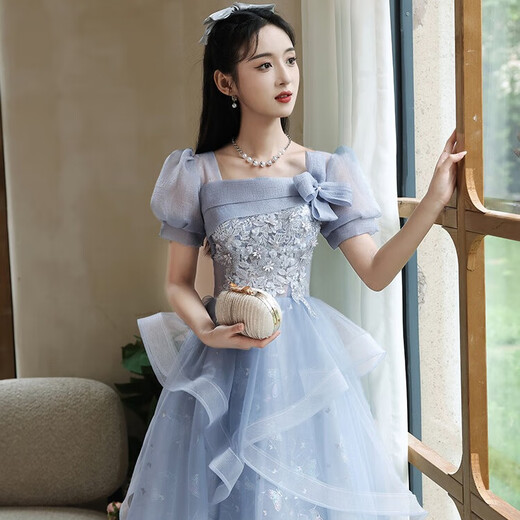 丽佰昕蓝色小晚礼服2025新款宴会高级感法式学生艺考小众主持人蓬蓬裙女 蓝色中长 L  建议100-110斤