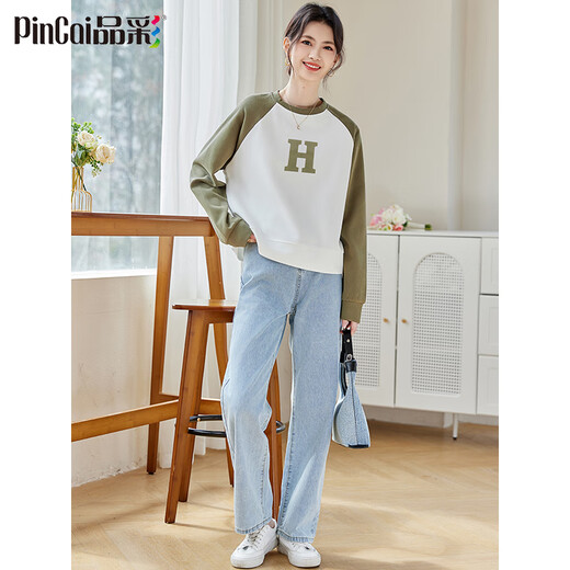 品彩（PinCai）卫衣女秋季插肩袖撞色拼接卫衣字母印花圆领长袖上衣 P129W1396