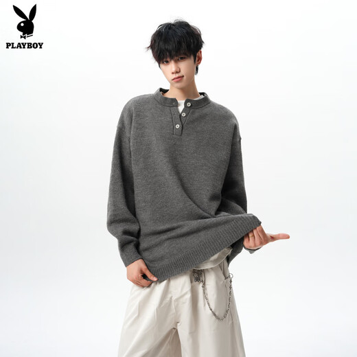 Playboy American Solid Color Henley Collar Sweater Men's Autumn and Winter New Trendy Brand High-Quality Knitwear Casual Warm Couple Jacket Light Gray XL