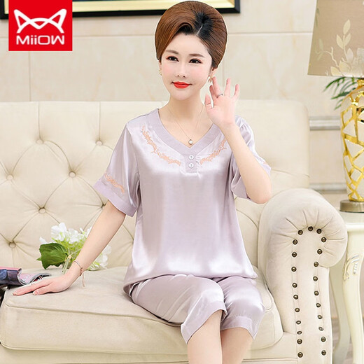 Catman Miiow Pajamas de la madre de mediana edad para mujeres en seda de verano pantalones cortos delgados de manga delgada hielo de la ropa de edad de mediana edad y anciana