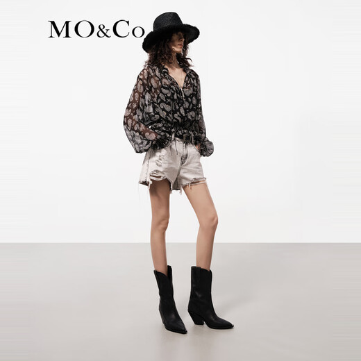 MO&Co.上衣5A桑蚕丝佩斯里花纹花边立领高腰收褶浪漫法式衬衫摩安珂 黑底白花色 S 160