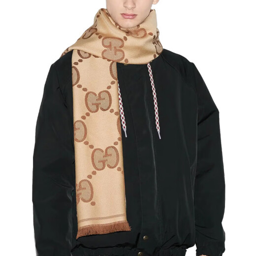 GUCCI Gucci scarf Double G pattern jacquard wool dark light color double-sided scarf same style for men and women couples. Brown/beige 581537 3G200 9764