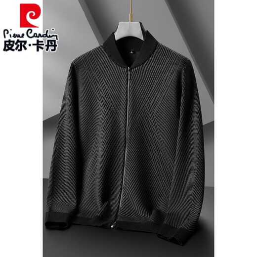 皮尔卡丹（pierre cardin）棒球领开衫拉链毛线衣男士春秋季中老年薄款休闲上衣胖子针织外套 深灰色 XL
