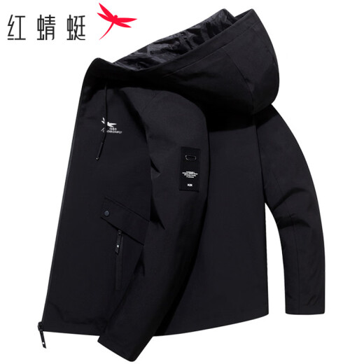 红蜻蜓（RED DRAGONFLY）夹克男商务休闲时尚简约百搭宽松舒适连帽上衣外套 黑色A 2XL