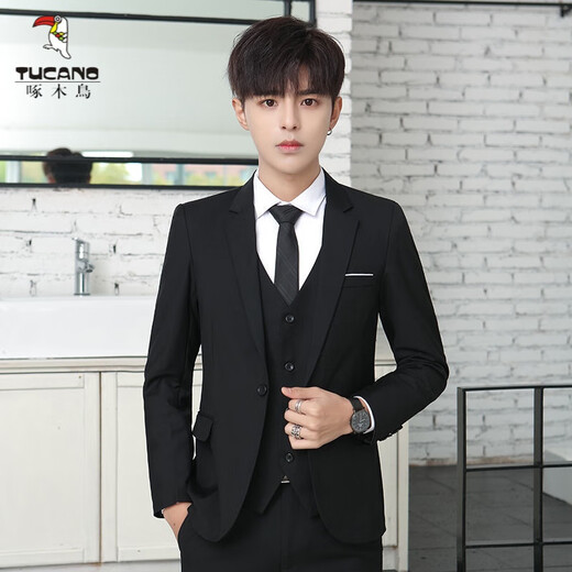 Woodpecker (TUCANO) suit men's slim business casual professional formal wear groom's best man's wedding dress work small suit men's single-button suit + shirt + vest + trousers and tie 2XL 130-145Jin Jin equals 0.5 kg