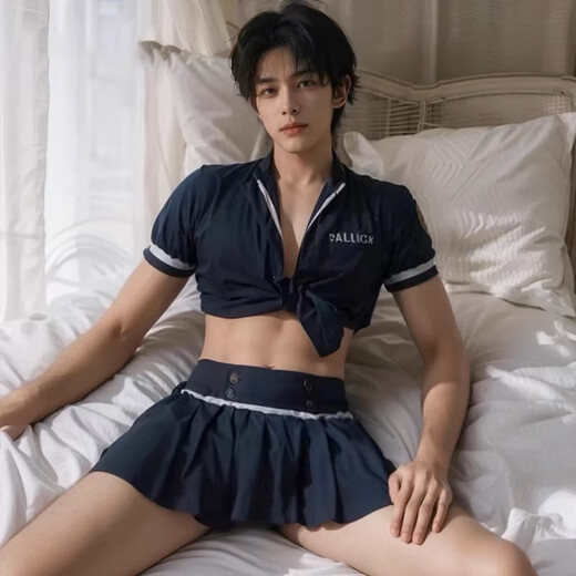 Herren Uniform Sex Unterwäsche 2025 Neue sexy Männer besondere große Angriffsgeschwindigkeitsrobe SM Schande Tanga, Dunkelblau + Weiß [kurzes Top + Faltener kurzer Rock + T-Troussers] Ein-Größe [vorgeschlagenes Gewicht 110-160 Jin [Jin gleich 0,5 kg]]]