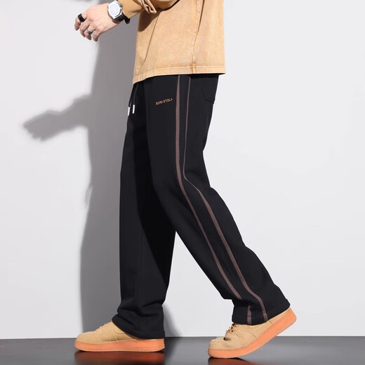 GPEJ plus velvet thickened men's pants autumn and winter side stripes black casual pants men's wide-leg straight-leg waist pants trousers winter 831 black XL