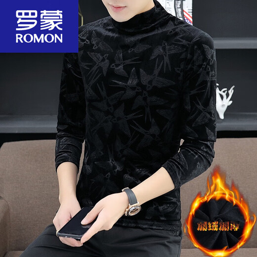 罗蒙（ROMON）加绒加厚半高领打底衫男士黑色金丝绒长袖t恤秋冬季内搭T 691黑色 2XL