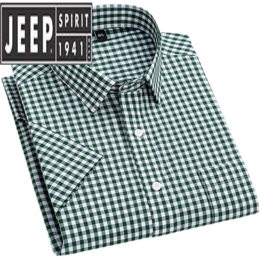 JEEP SPIRIT夏季仿纯.棉小格子衬衫男短袖薄款韩版修身潮流休闲仿棉半袖衬衣 绿色 PULO-F983 40