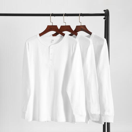 T-collar counter genuine American heavy henley shirt T-shirt open collar tough guy outer wear bottoming shirt men's autumn and winter henley collar long sleeve white S