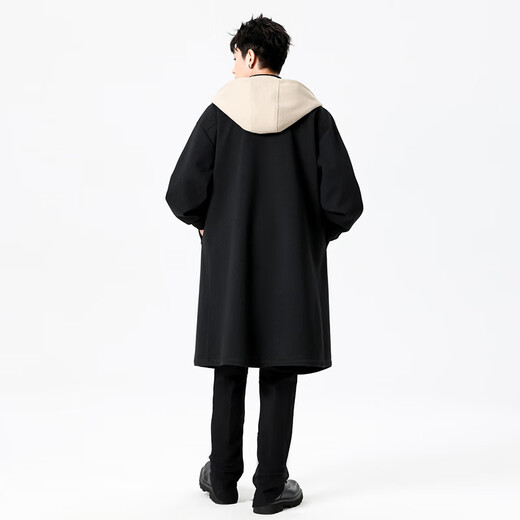 Mu Fanmian spring new fake two-piece woolen coat men's long hooded knee-length large size loose fat spring and autumn windbreaker jacket black thickened L suitable for 125 to 150 Jin Jin equals 0.5 kg