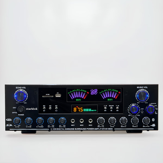 Budi 5-channel amplifier home KTV high-power audio Bluetooth radio USB card heavy bass karaoke amplifier 989851 dual dynamic display