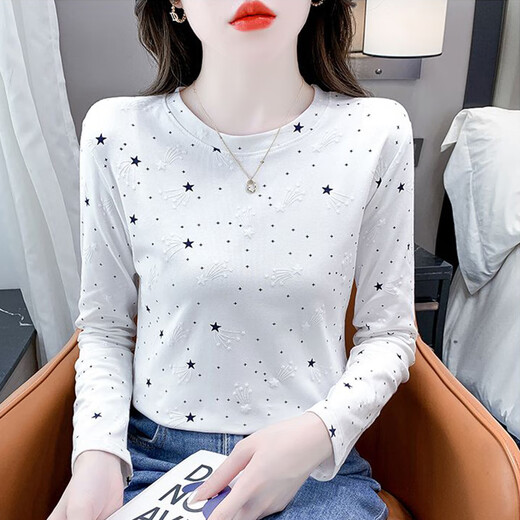 红蜻蜓纯棉时尚印花打底衫女长袖秋季新款修身百搭圆领T恤内搭上衣 DD1396#（白色）长袖 L 【建议106-120斤】