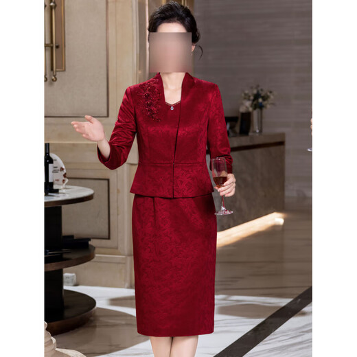 Xiaohan Deer happy mom dress wedding banquet noble can be worn at ordinary times 2025 autumn and October happy mom dress suit skirt autumn 2025 burgundy long-sleeved jacket + bottoming skirt Xiaoxiangfeng two-piece set L 100~110 Jin Jin is equal to 0.5 kg to wear