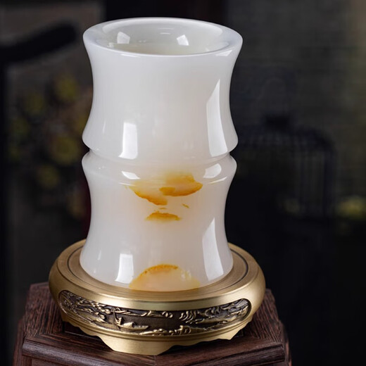 Qintinglanjing Natural Jade Largegröße Pinselhalter Ornament Study Office Dekoration Geschenk Chinesischer Stil Herren-Promotion Geschenk Bambus Flasche Stifthalter mit Messingbasis-B12802