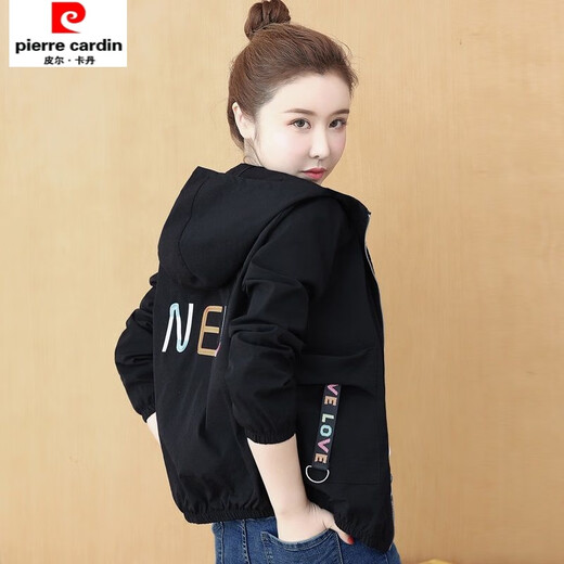 Pierre Cardin Autumn Jacket Women's 2025 New Fashion Embroidered Small Short Jacket Hooded Versatile Baseball Uniform Top Black Velvet Thickened Autumn and Winter S Recommendation 95Jin Jin is equal to 0.5kg or less