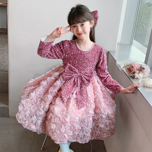 Annie Youer high-end girls princess dress autumn and winter 2024 new little girl birthday dress children's style plus velvet dress pink + hairpin 110