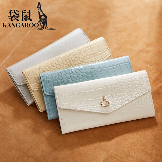 袋鼠（KANGAROO）时尚鳄鱼纹女士长款钱包超薄时尚大容量多卡位放手机证件卡夹卡包 白色