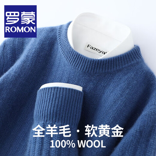 Romon Séter de lana 100% puro para hombres en otoño e invierno de estilo claro de estilo de estilo jacquard para hombres camisa de base tibia engrosada DC655 Azul de terciopelo de terciopelo 2xl tamaño (100% lana)