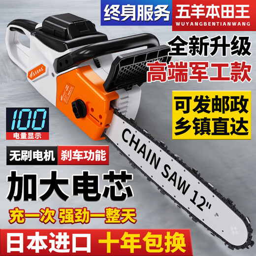 Wuyang Honda imported 12-inch rechargeable electric chain saw, household chainsaw, hand-held high-power lithium chainsaw, outdoor electric logging saw, imported quality - with brake - electric display - automatic spray, 12 inches, 2 batteries, 1 charger, 1 guide plate, 2 chains