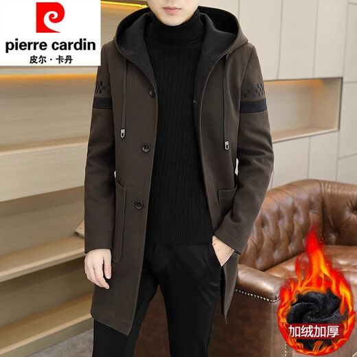 Pierre Cardin 2024 winter men's hooded windbreaker mid-length handsome casual velvet thickened woolen coat 37 Khaki (velvet) 3XL 155-170Jin Jin equals 0.5 kg