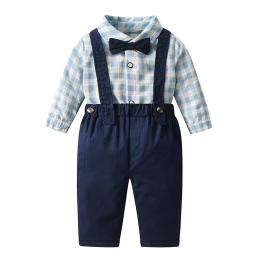
Danbiwang little boy suit summer baby 1 year old banquet dress grab week clothes baby suit 2 children's birthday gentleman set blue plaid short-sleeved suit 90 size