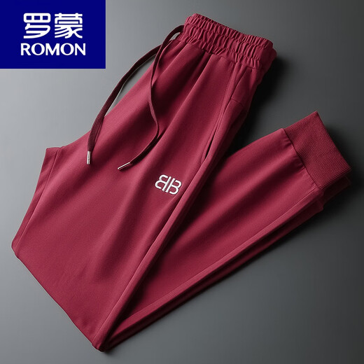 罗蒙（ROMON）运动裤男棉春秋薄款束脚休闲长裤小脚刺绣男士酒红色裤子男卫裤 黑色9928春秋薄款 3XL