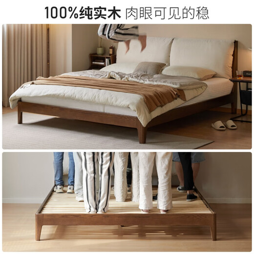 Genji Wood Language Solid Wood Bed Bedroom Simple Fabric Upholstered Bed Home Do Not Disturb Oak Walnut Double Bed Soft Back Bed (Fabric Pear White) (Excluding Mat) 1.8*2m