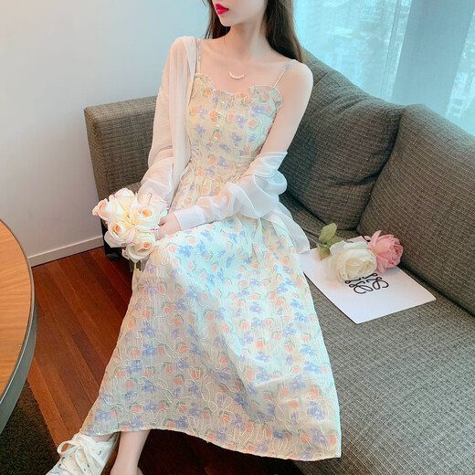 舒芳蝶（shufangdie）连衣裙套装女夏2025法式甜美小清新仙气仙森系开衫碎花吊带裙子女 678黄色吊带裙+白色开衫 M