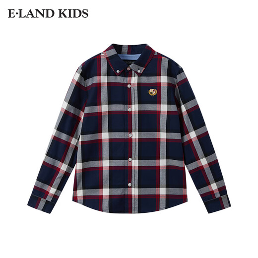 E LAND KIDS 100% cotton Eland boys' shirt 25 spring new arrival college style badge embroidered plaid Red/20 160